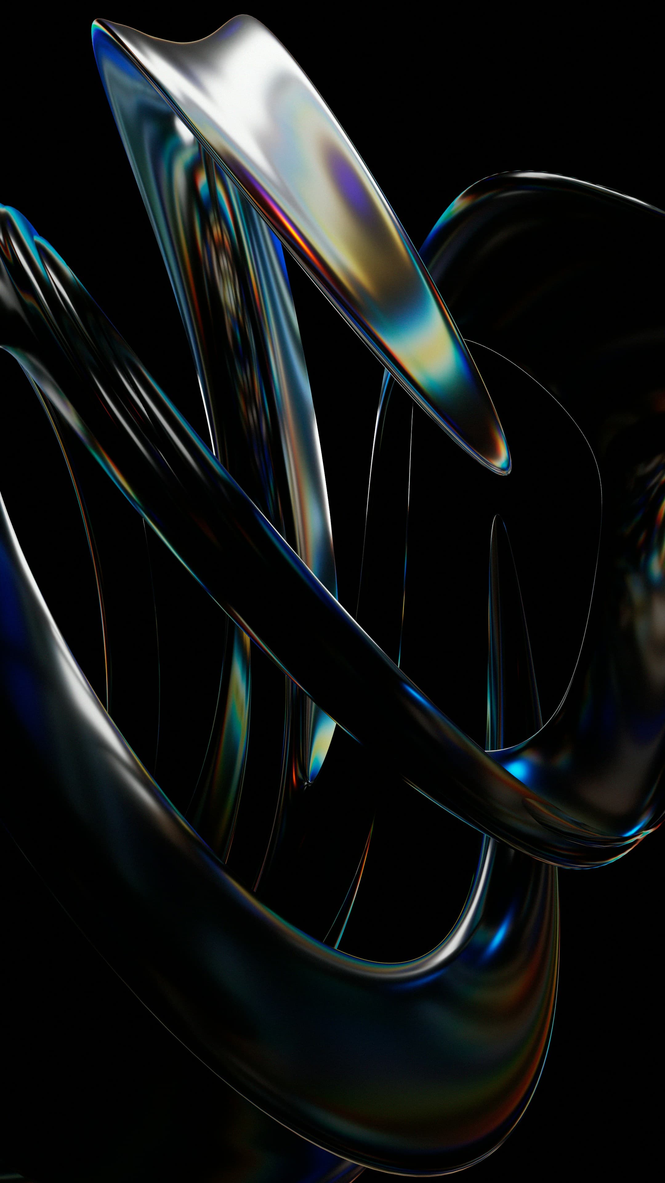 Glossy metallic rings intertwining over a black background